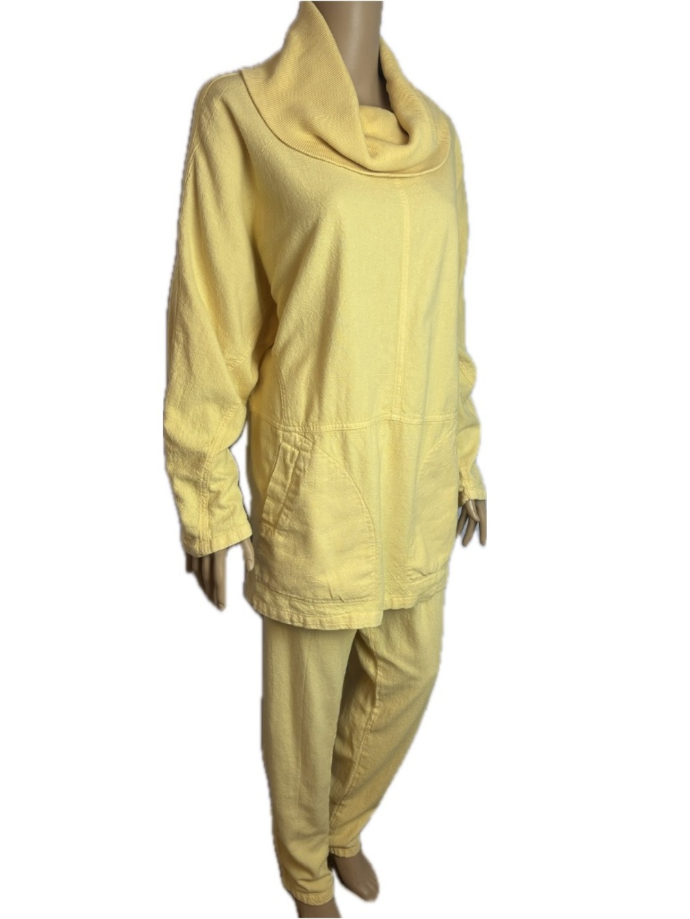 Vintage Cowl Neck Yellow Cotton Lounge Set with Pockets 1990s GEORFE HAGOPIAN